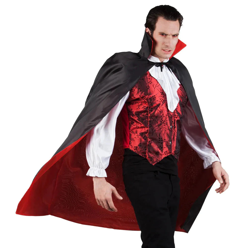 Schwarzer Vampir-Umhang mit rotem Stehkragen, 120 cm lang, fließendes Material