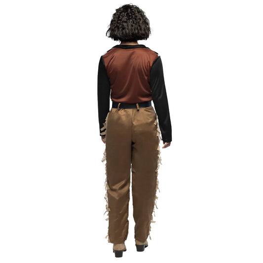 Braunes und beiges Cowgirl-Kostüm mit Hemd, Hose und Gürtel für Frauen.