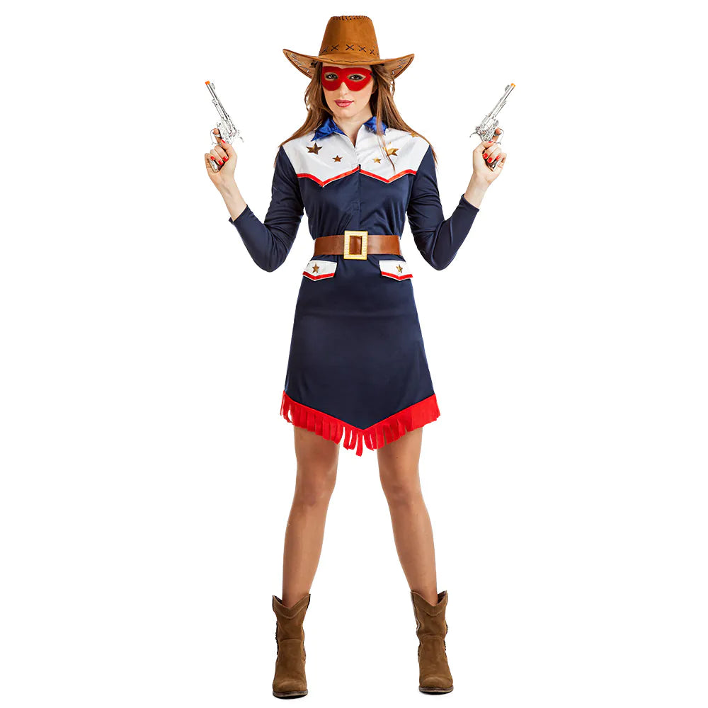 Damenkostüm Cowgirl Samantha in Braun mit Hemd, Rock, Gürtel und passender Maske.