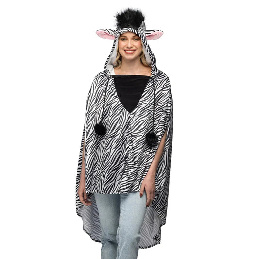 Boland Zebra Poncho in Schwarz und Weiß mit Kapuze und Ohren, One Size für Erwachsene.