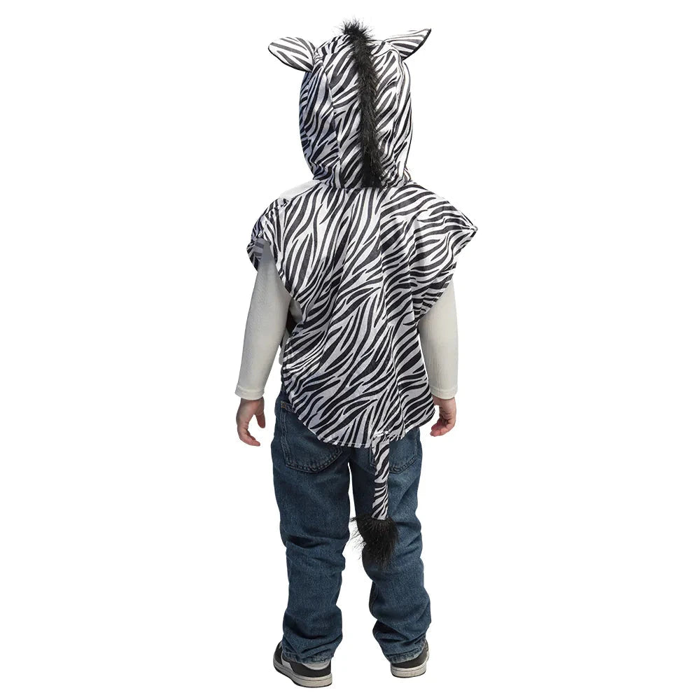 Boland Zebra Kinderponcho in Schwarz-Weiß mit Kapuze und gestickten Ohren für Kinder.