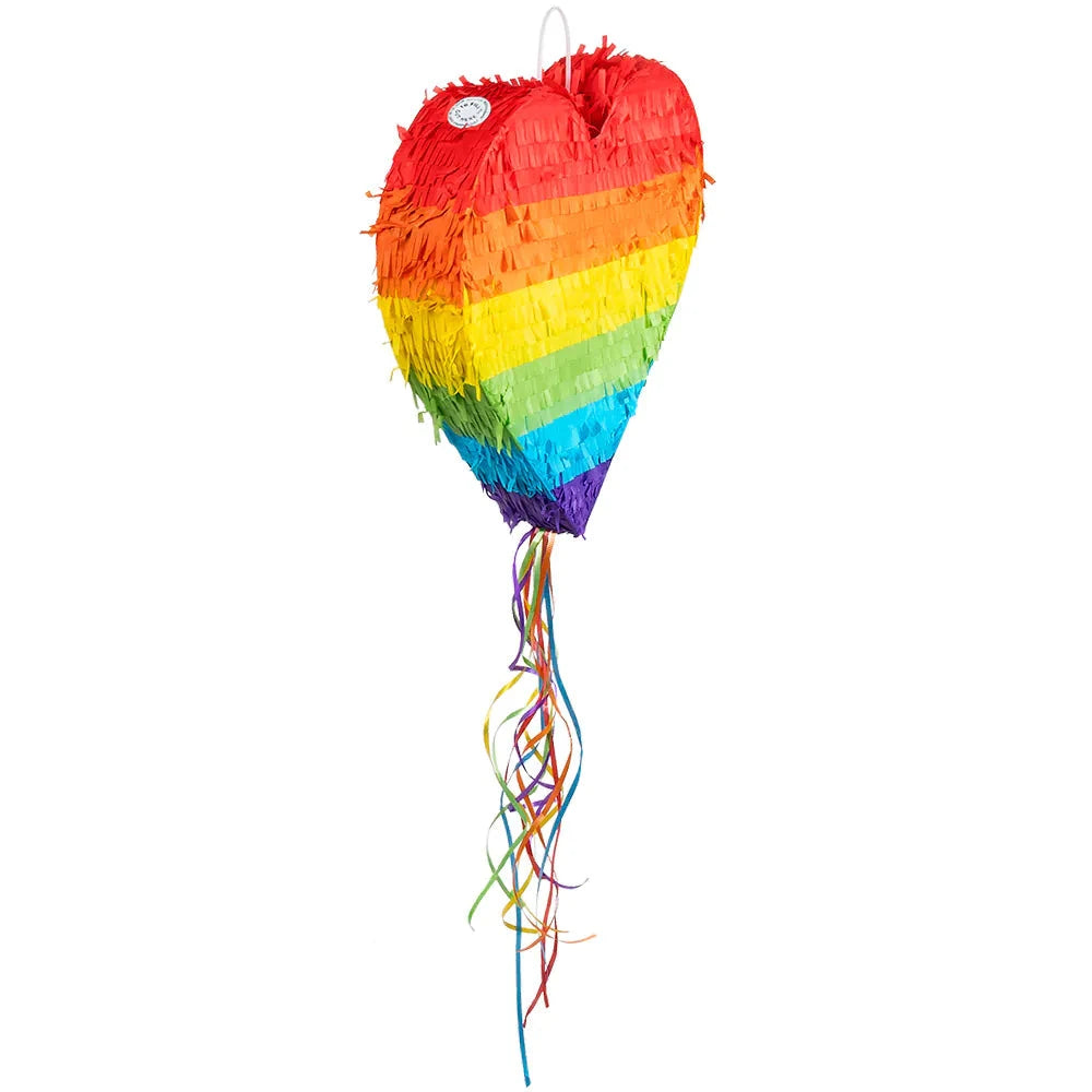 Große Herz-Piñata in Regenbogenfarben mit Zugbändern für sicheres Spielen und viele Süßigkeiten.