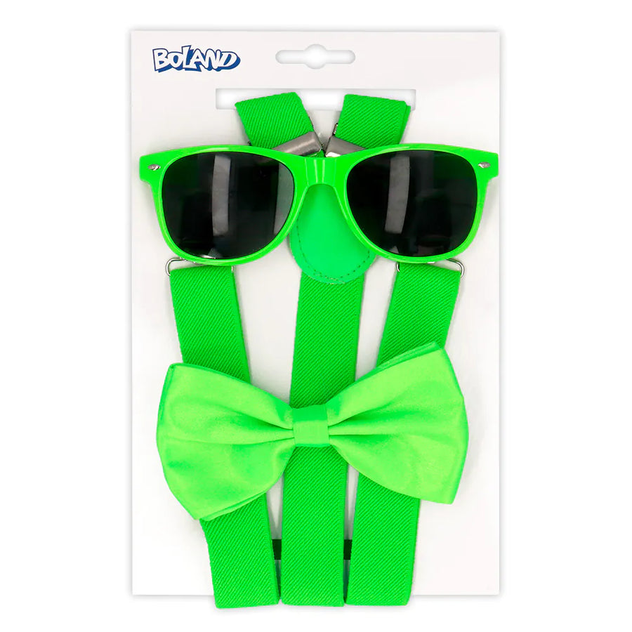 Boland Neon Grün Party Set – Brille, Fliege & Hosenträger Kostüm - Fasnacht24.ch