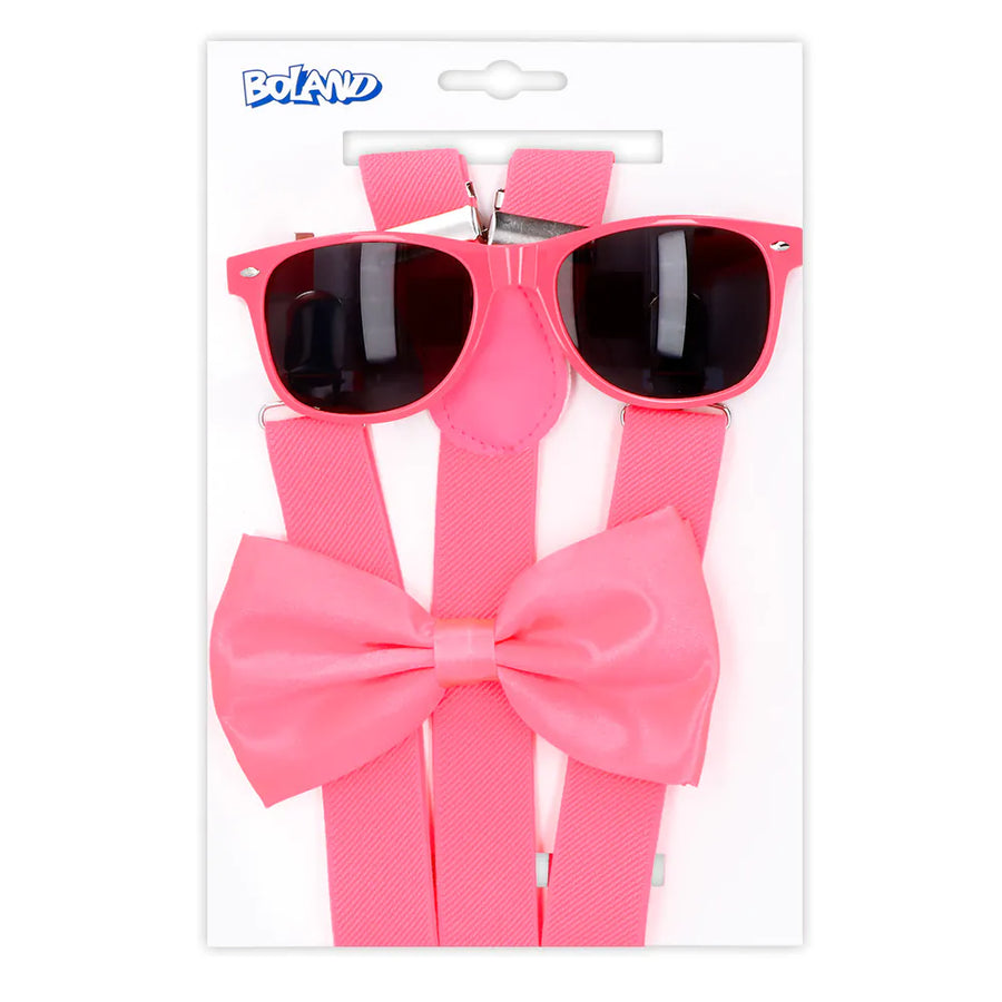 Boland Neon Pink Party Zubehör Set – Brille, Fliege & Hosenträger - Fasnacht24.ch