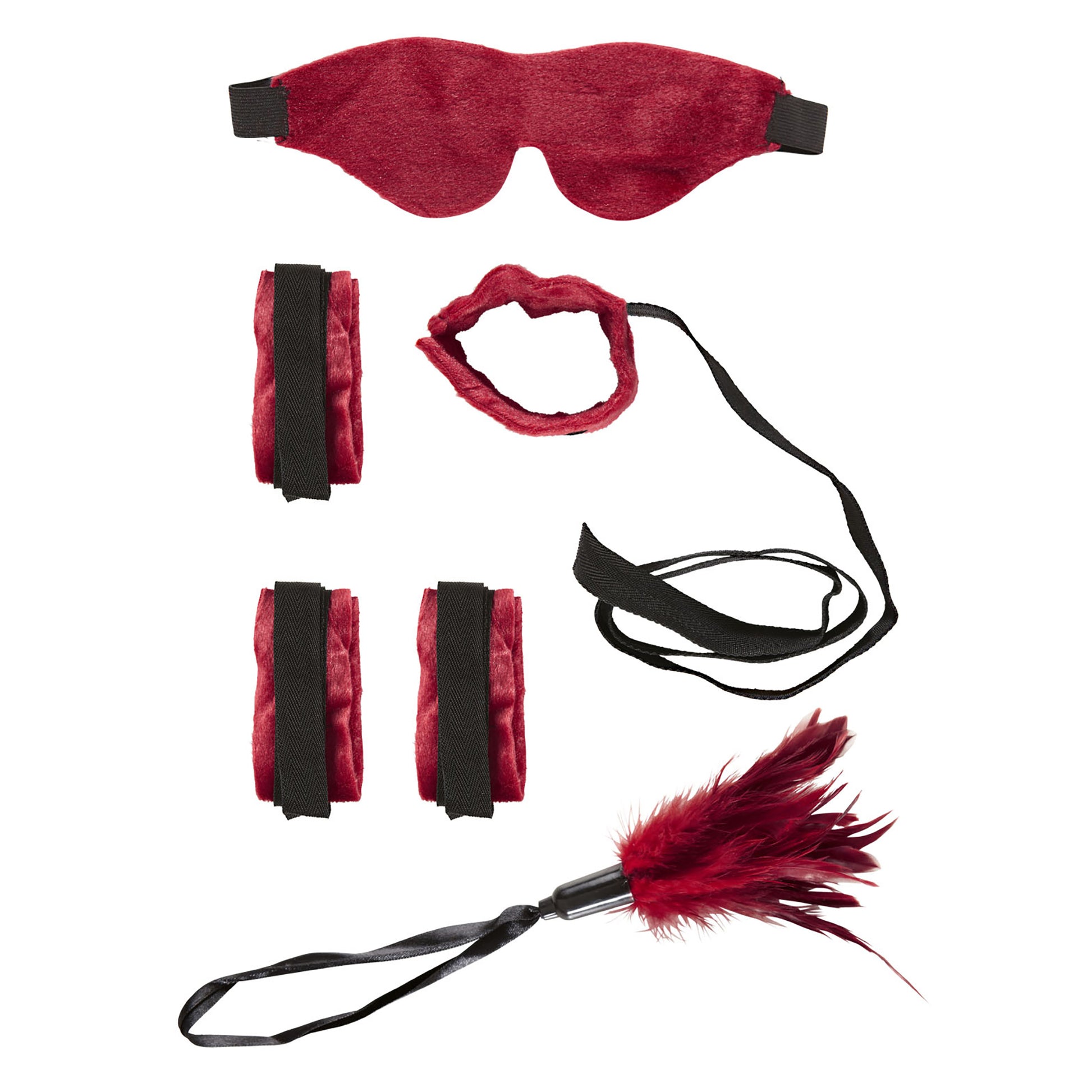"BONDAGE" Set (Binde für Handgelenke und Knöchel, Augenbinde, Federn) – Vorderansicht
