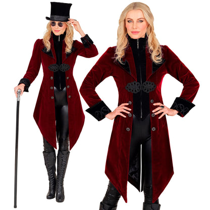 "BORDEAUXROTER GOTHIC MANTEL AUS SAMT" – Vorderansicht
