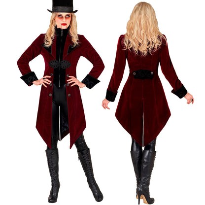 "BORDEAUXROTER GOTHIC MANTEL AUS SAMT" – Detailansicht