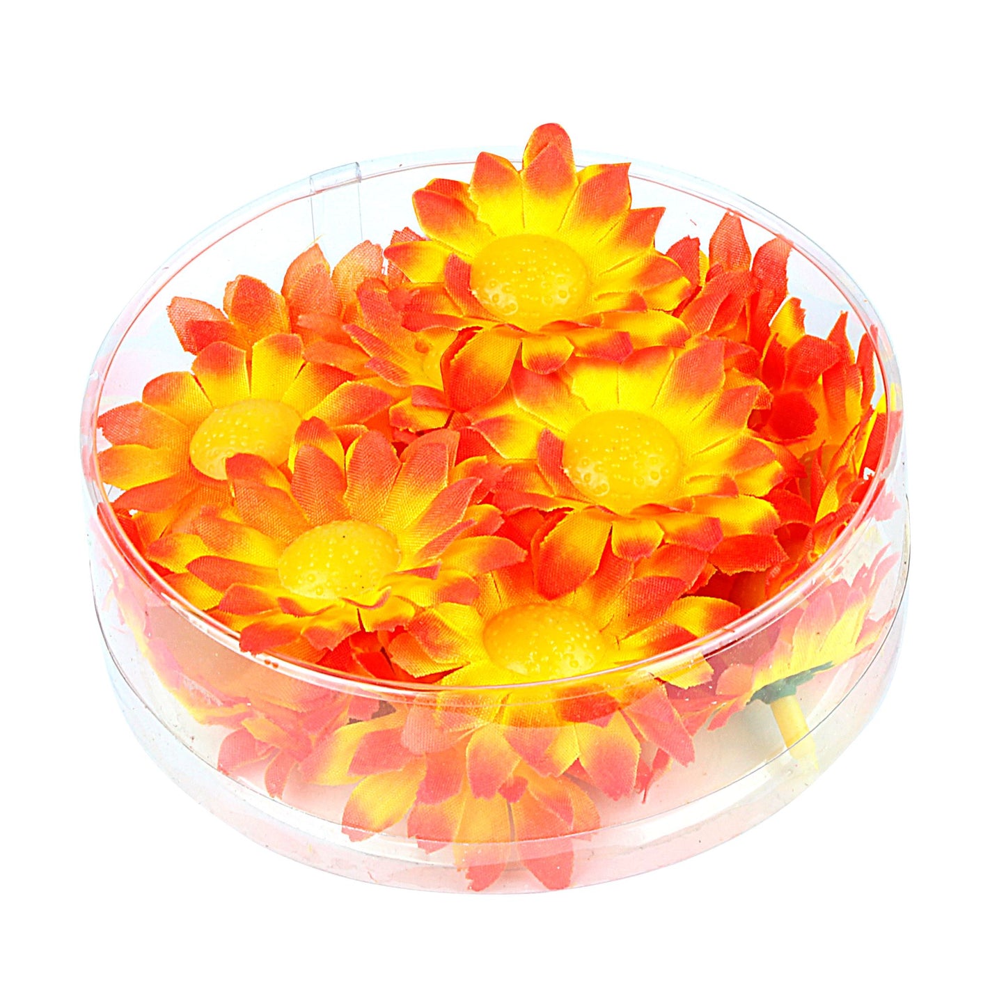 "BOX MIT 20 DEKOBLUMEN - ORANGE" zur Dekoration von Tischen, Hüten, Kostümen, Basteln usw – Vorderansicht