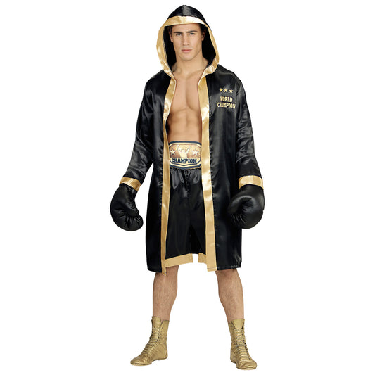 "BOXER WORLD CHAMPION" (Boxermantel mit Kapuze, Shorts, Gürtel, Boxhandschuhe) – Vorderansicht