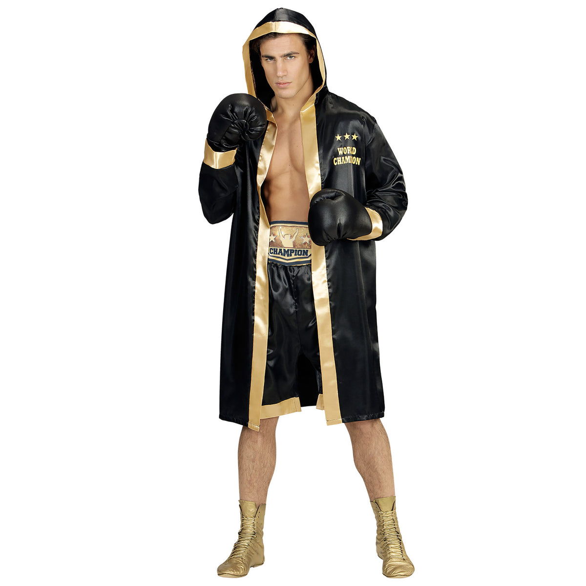"BOXER WORLD CHAMPION" (Boxermantel mit Kapuze, Shorts, Gürtel, Boxhandschuhe) – Detailansicht