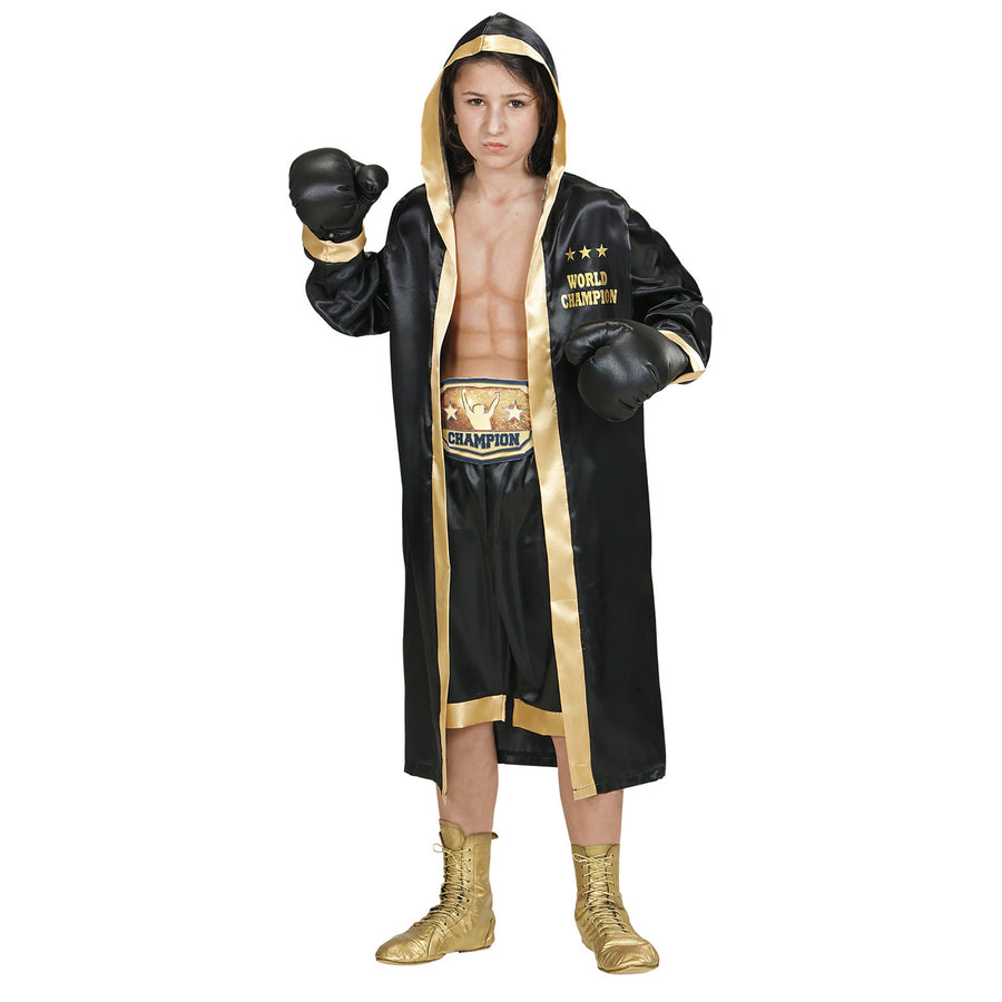 "BOXER WORLD CHAMPION" (Boxermantel mit Kapuze, Shorts, Gürtel, Boxhandschuhe) – Vorderansicht