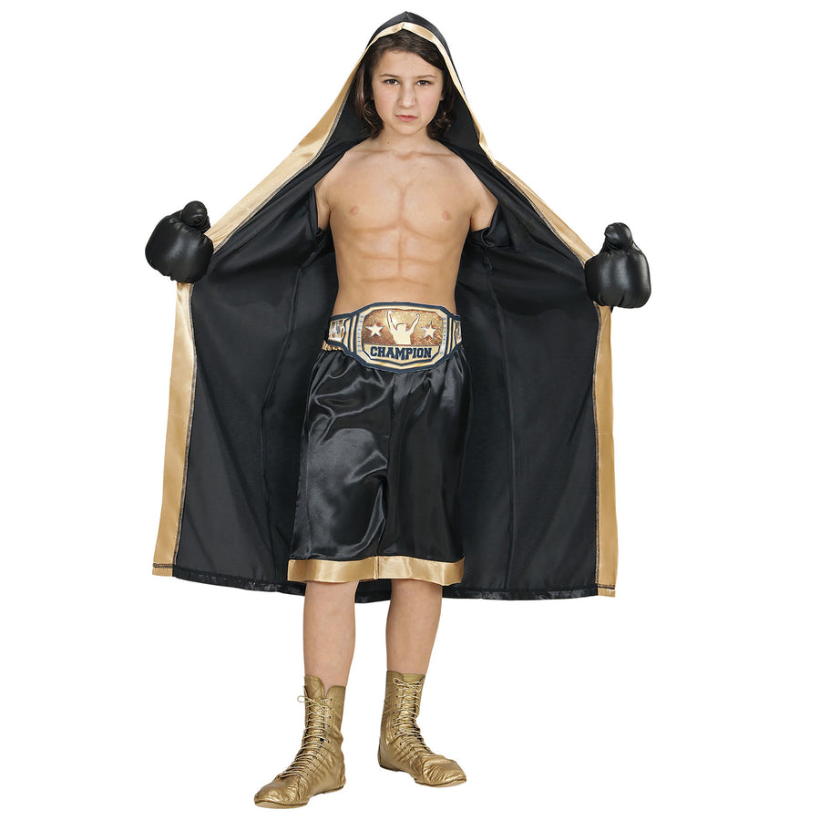 "BOXER WORLD CHAMPION" (Boxermantel mit Kapuze, Shorts, Gürtel, Boxhandschuhe) – Detailansicht