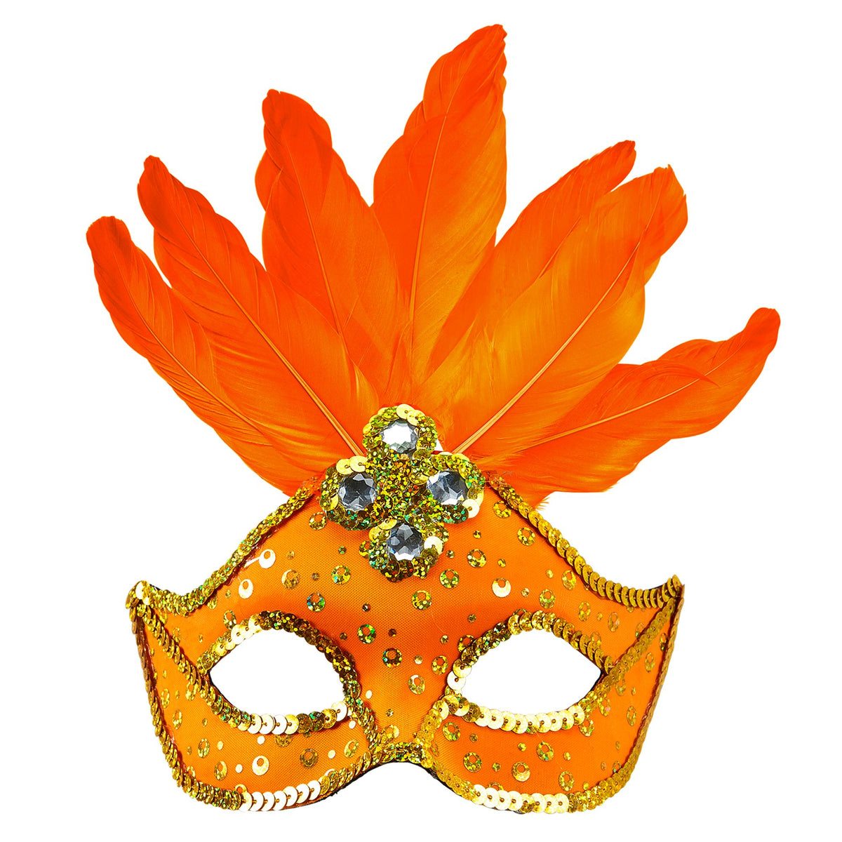 "BRASILIANISCHE NEONORANGEFARBENE AUGENMASKE MIT HOLOGRAFISCHEN PAILLETTEN, GOLDENEM PAILLETTENRAND UND FEDERN" – Vorderansicht