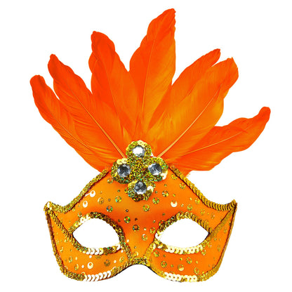 "BRASILIANISCHE NEONORANGEFARBENE AUGENMASKE MIT HOLOGRAFISCHEN PAILLETTEN, GOLDENEM PAILLETTENRAND UND FEDERN" – Vorderansicht