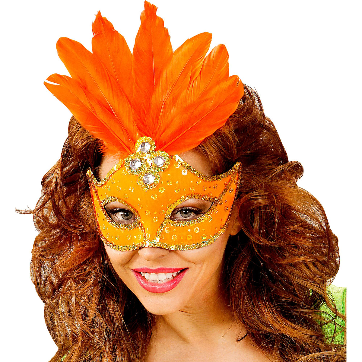 "BRASILIANISCHE NEONORANGEFARBENE AUGENMASKE MIT HOLOGRAFISCHEN PAILLETTEN, GOLDENEM PAILLETTENRAND UND FEDERN" – Detailansicht