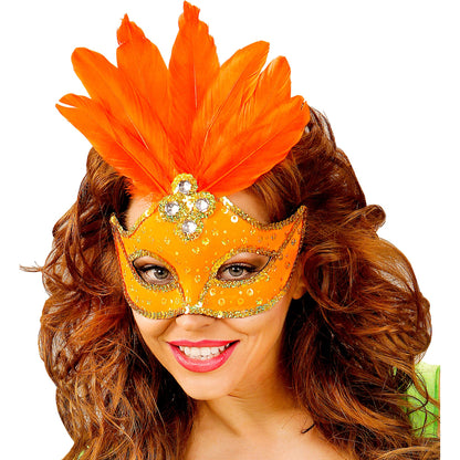 "BRASILIANISCHE NEONORANGEFARBENE AUGENMASKE MIT HOLOGRAFISCHEN PAILLETTEN, GOLDENEM PAILLETTENRAND UND FEDERN" – Detailansicht