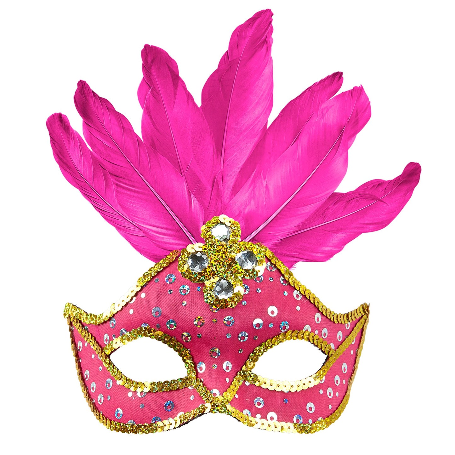 "BRASILIANISCHE NEONPINKFARBENE AUGENMASKE MIT HOLOGRAFISCHEN PAILLETTEN, GOLDENEM PAILLETTENRAND UND FEDERN" – Vorderansicht