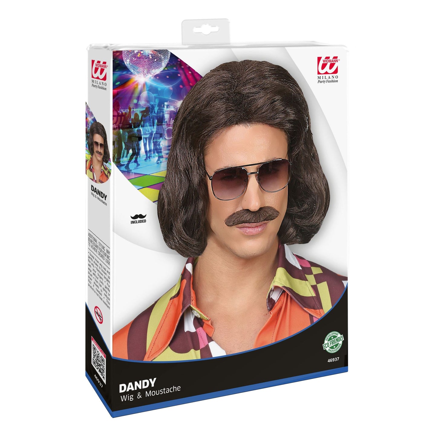 "BRAUNE 70er JAHRE DANDY PERÜCKE MIT SCHNURRBART" in Box – Detailansicht