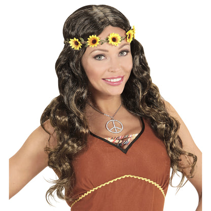 "Braune "HIPPIE / MITTELALTER PERÜCKE MIT BLUMENSTIRNBAND" in Polybag – Vorderansicht