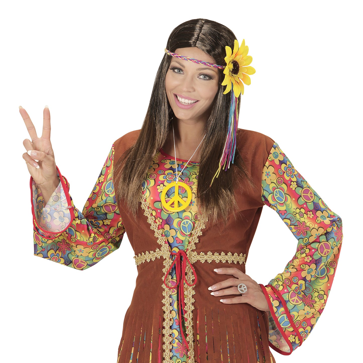 "BRAUNE HIPPIE PERÜCKE MIT BUNTEM STIRNBAND UND SONNENBLUME" in Polybag – Ansicht 3