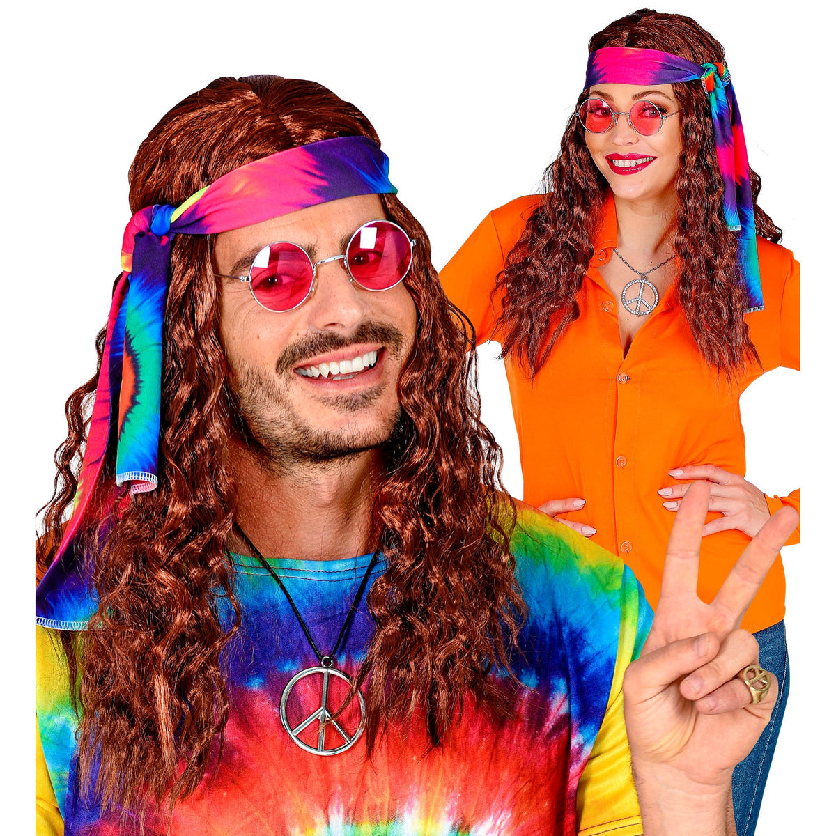 "BRAUNE HIPPIEPERÜCKE MIT BATIK STIRNBAND" in Box – Vorderansicht