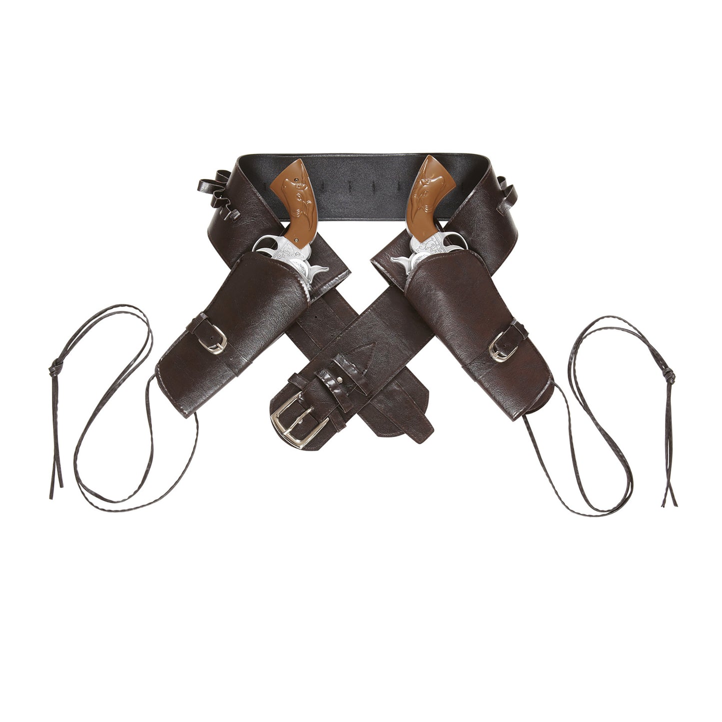 "BRAUNER DOPPELTER WESTERNPISTOLENHOLSTER" aus Kunstleder – Vorderansicht