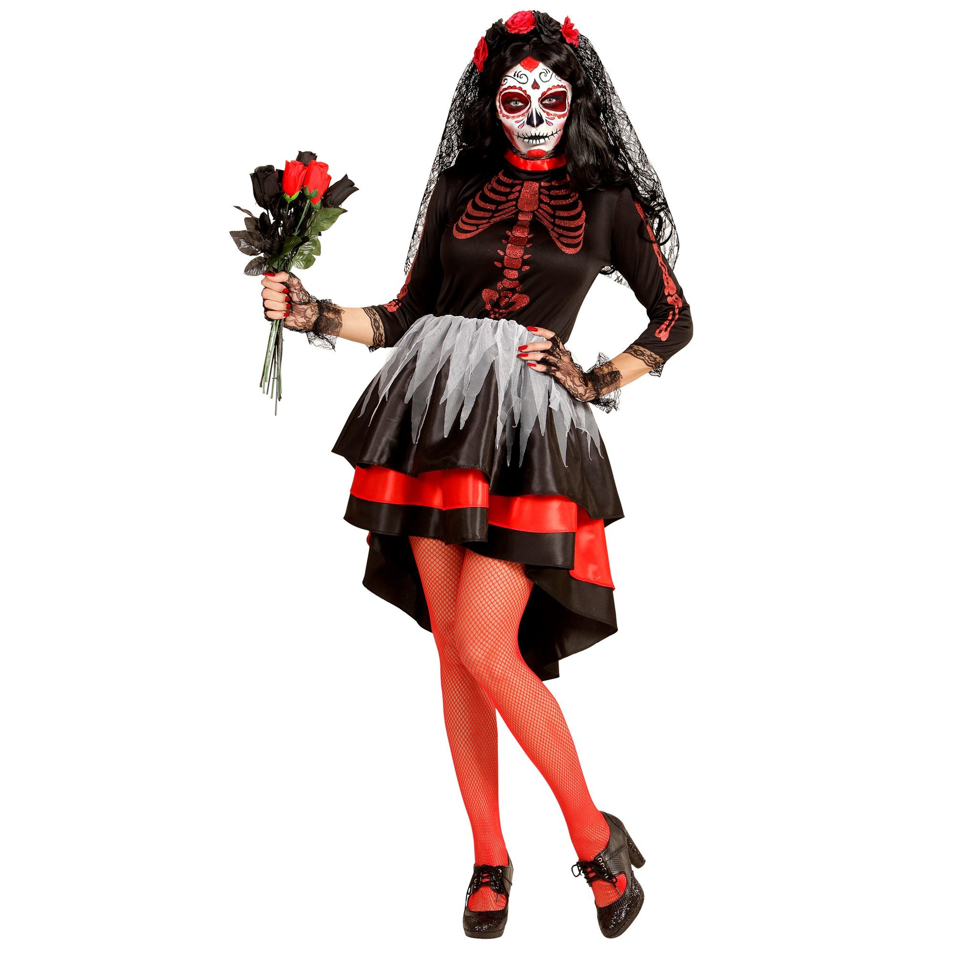 "BRAUT DIA DE LOS MUERTOS" (Kleid,Schleier mit Blumen) – Vorderansicht