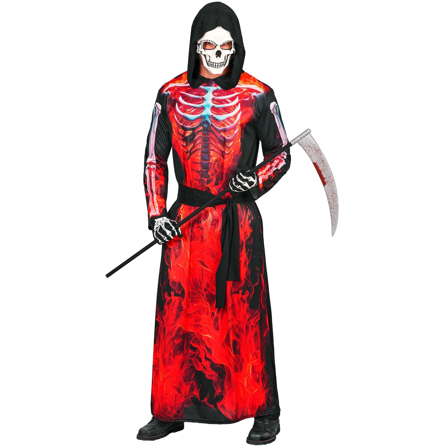 "BRENNENDER SENSEMANN" (Robe mit Kapuze, Maske, Gürtel) – Vorderansicht
