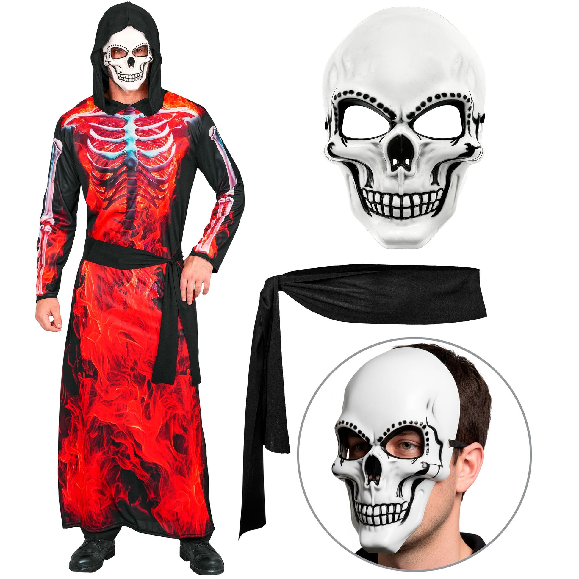 "BRENNENDER SENSEMANN" (Robe mit Kapuze, Maske, Gürtel) – Detailansicht