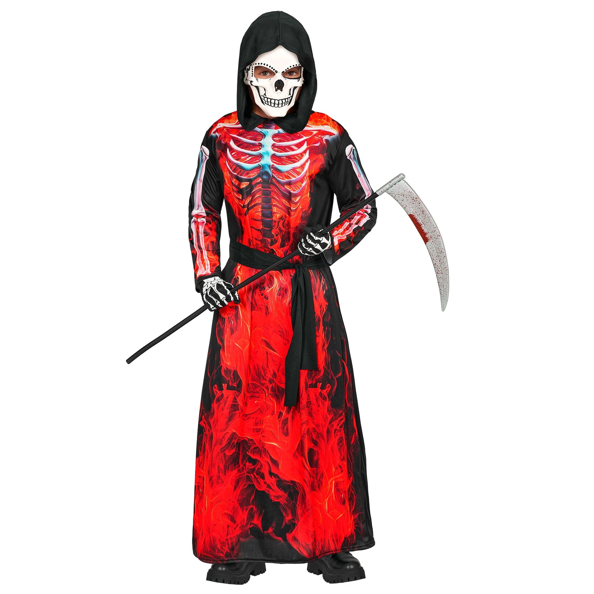 "BRENNENDER SENSEMANN" (Robe mit Kapuze, Maske, Gürtel) – Vorderansicht