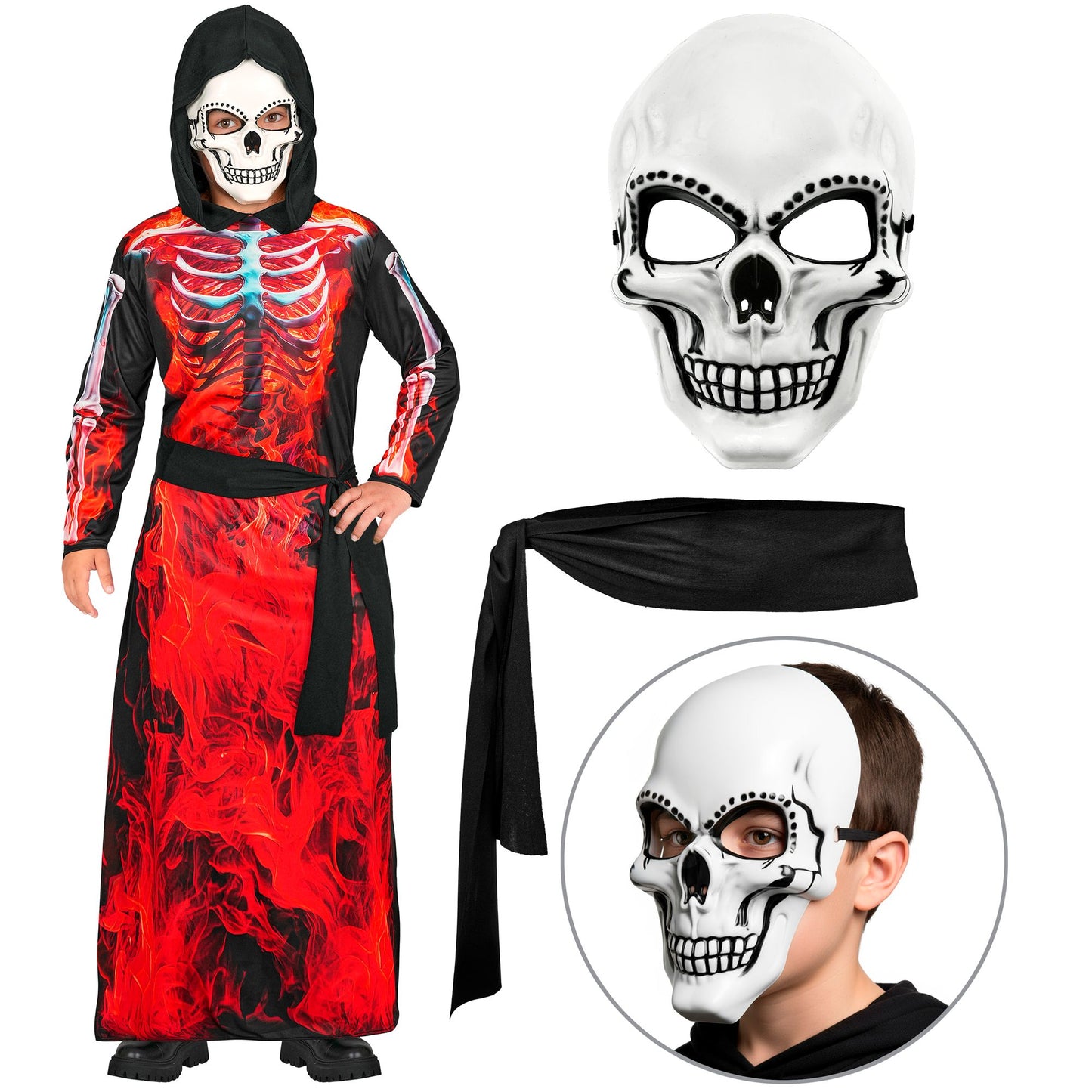 "BRENNENDER SENSEMANN" (Robe mit Kapuze, Maske, Gürtel) – Detailansicht