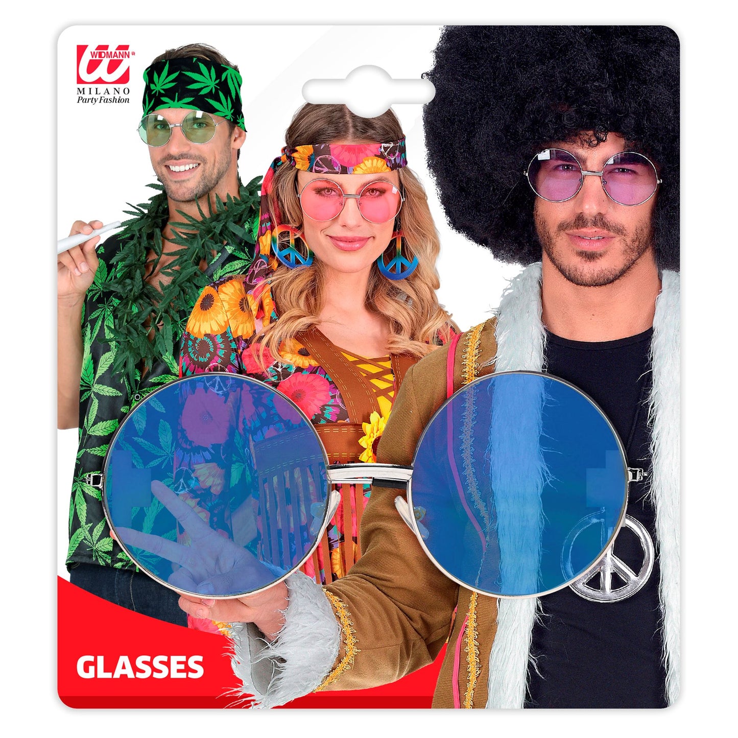 "BRILLE HIPPIE XL MIT BLAUEN GLÄSERN" Durchmesser 6 cm – Detailansicht