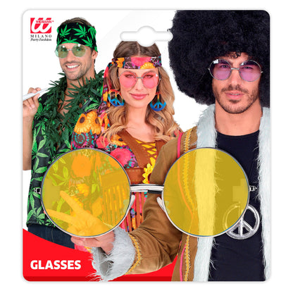 "BRILLE HIPPIE XL MIT GELBEN GLÄSERN" Durchmesser 6 cm – Detailansicht
