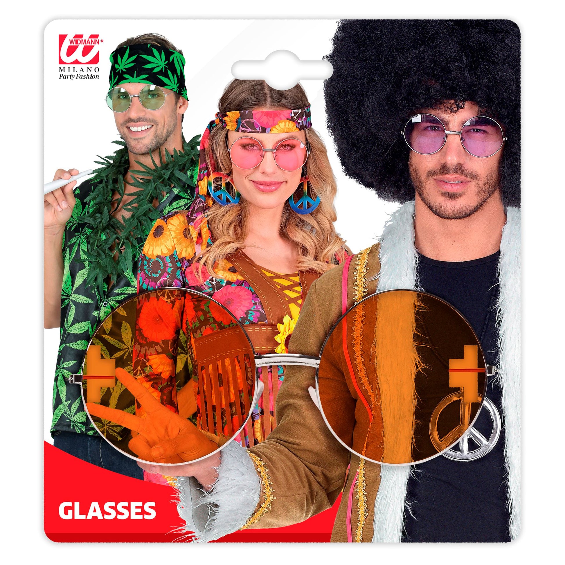 "BRILLE HIPPIE XL MIT ORANGENEN GLÄSERN" Durchmesser 6 cm – Detailansicht