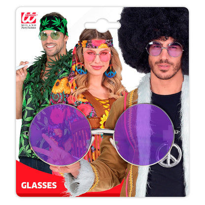 "BRILLE HIPPIE XL MIT VIOLETTEN GLÄSERN" Durchmesser 6 cm – Detailansicht