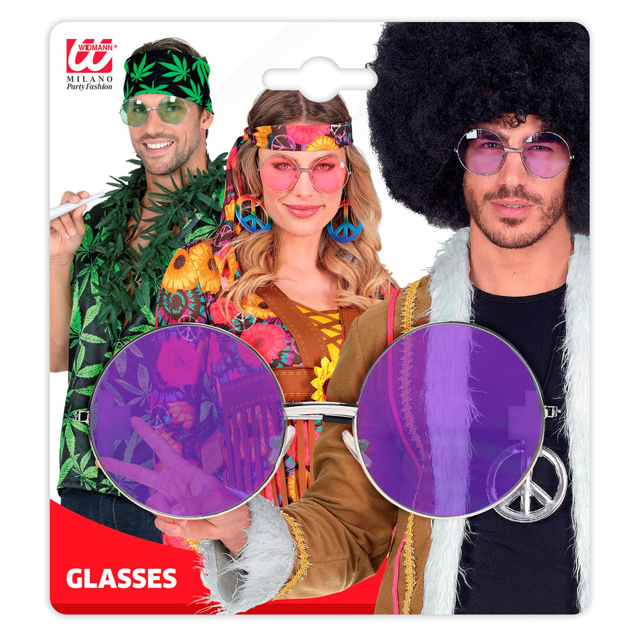 "BRILLE HIPPIE XL MIT VIOLETTEN GLÄSERN" Durchmesser 6 cm – Detailansicht