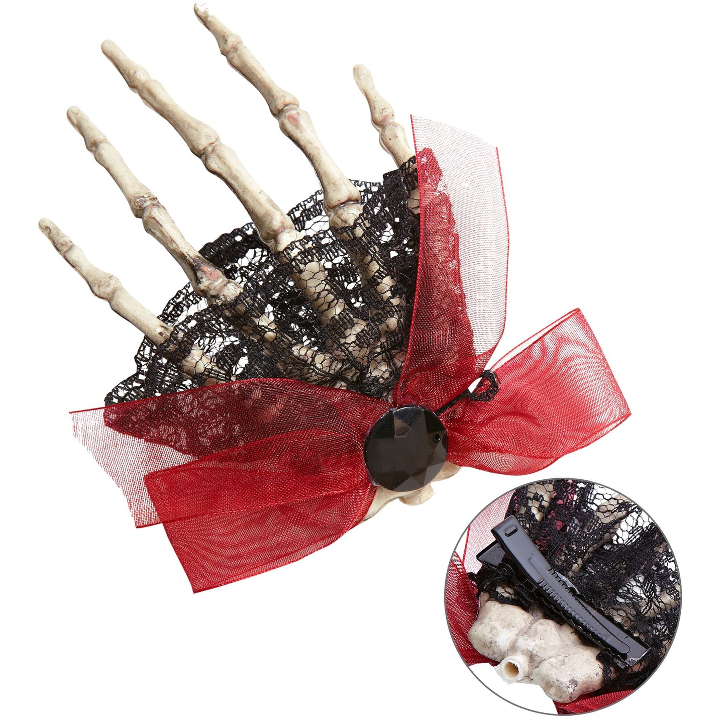 "BROSCHE/HAARKLAMMER MIT SKELETTHAND" – Vorderansicht