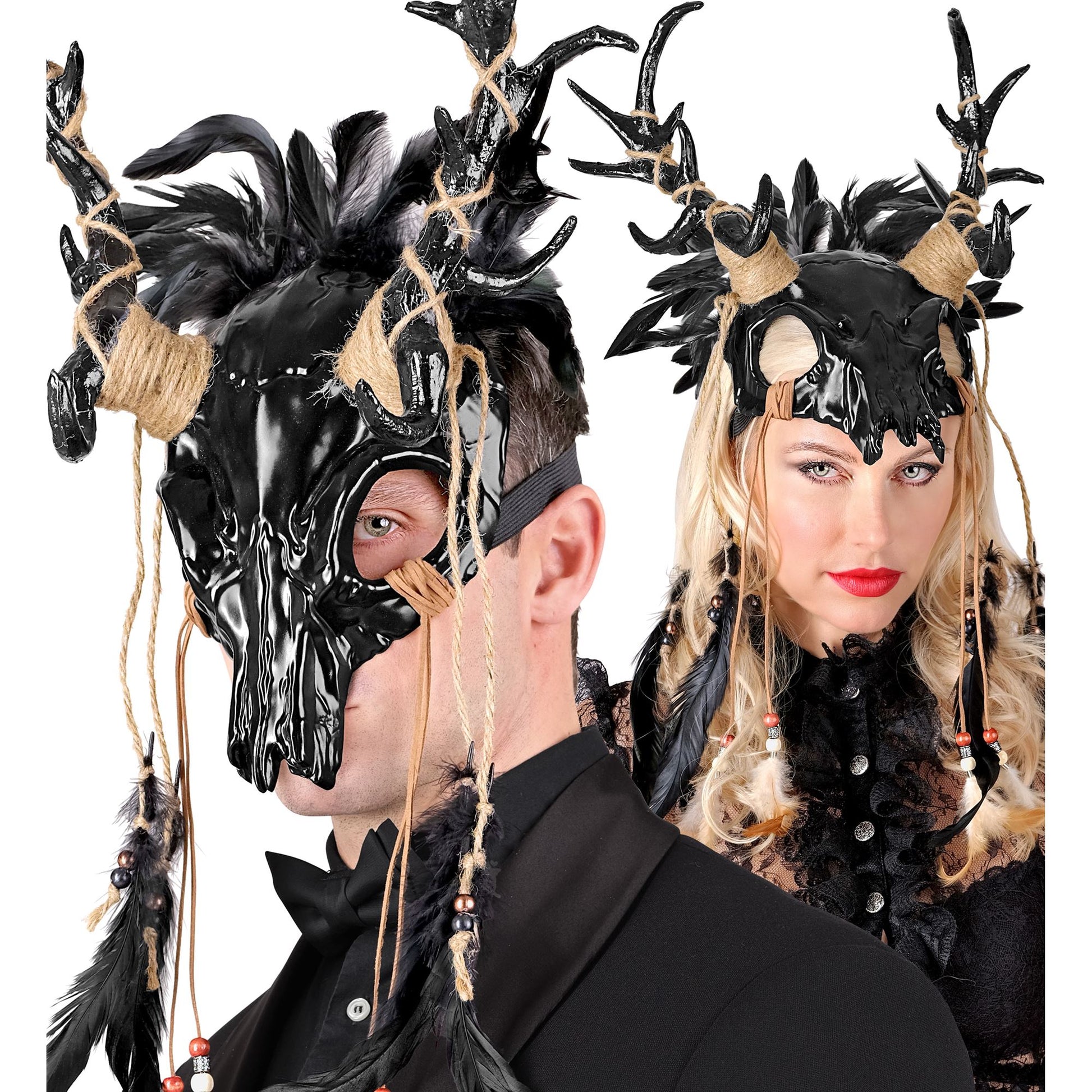 "BULLENSCHÄDEL SCHAMANENKOPF MASKE MIT SCHWARZEN FEDERN" – Ansicht 4
