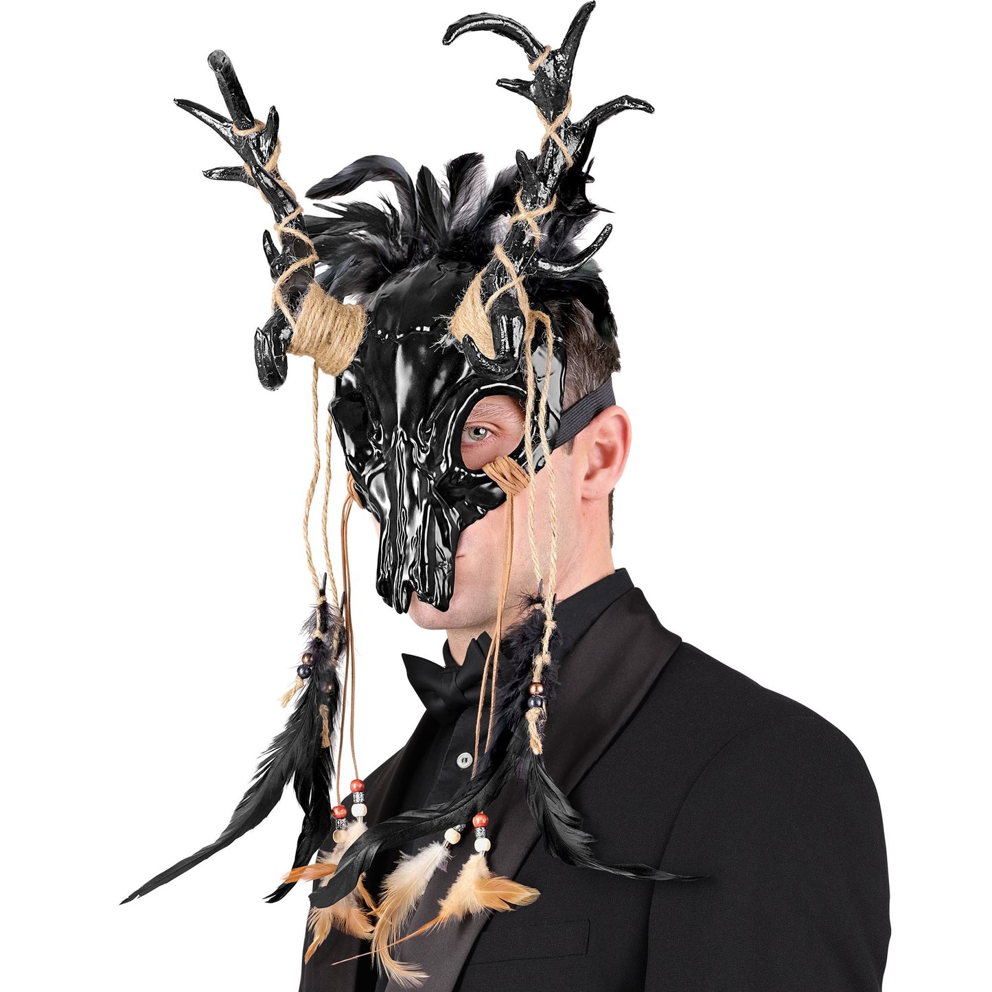 "BULLENSCHÄDEL SCHAMANENKOPF MASKE MIT SCHWARZEN FEDERN" – Ansicht 5