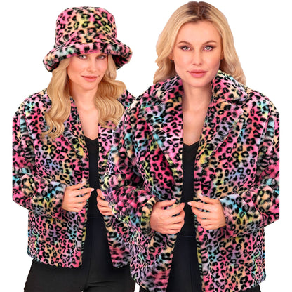 "BUNTE ANIMALIER LEOPARDENMUSTER DAMEN PLÜSCHJACKE" – Vorderansicht