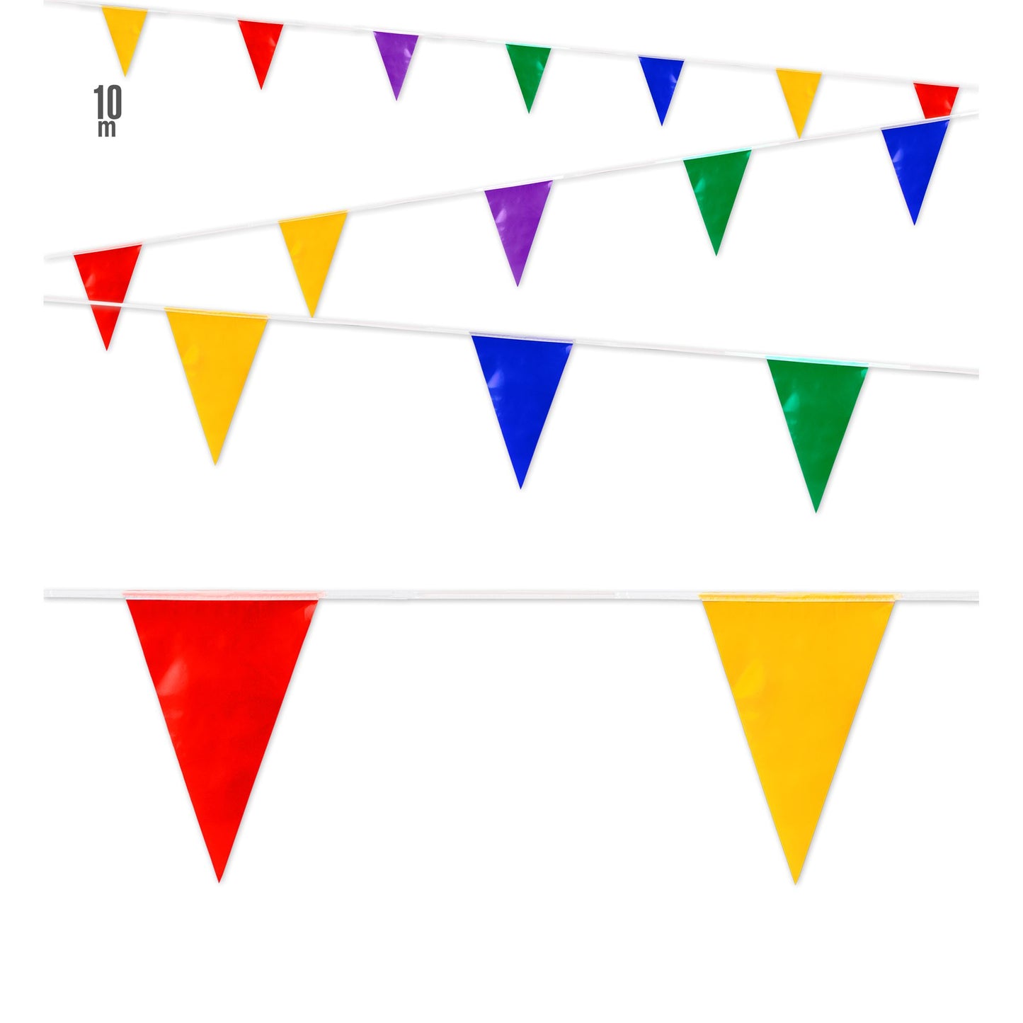 "BUNTE WIMPELKETTE AUS PVC" 10 m - auch den Außenbereich geeignet (20 Wimpel, Größe 20x30 cm) – Vorderansicht