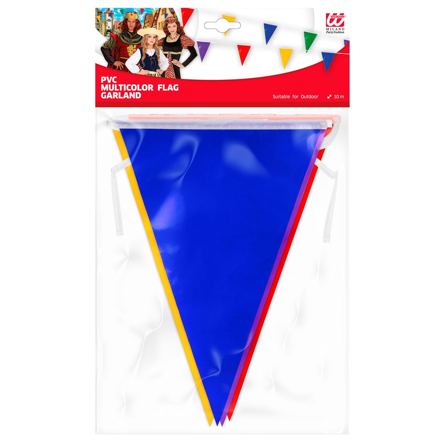 "BUNTE WIMPELKETTE AUS PVC" 10 m - auch den Außenbereich geeignet (20 Wimpel, Größe 20x30 cm) – Detailansicht