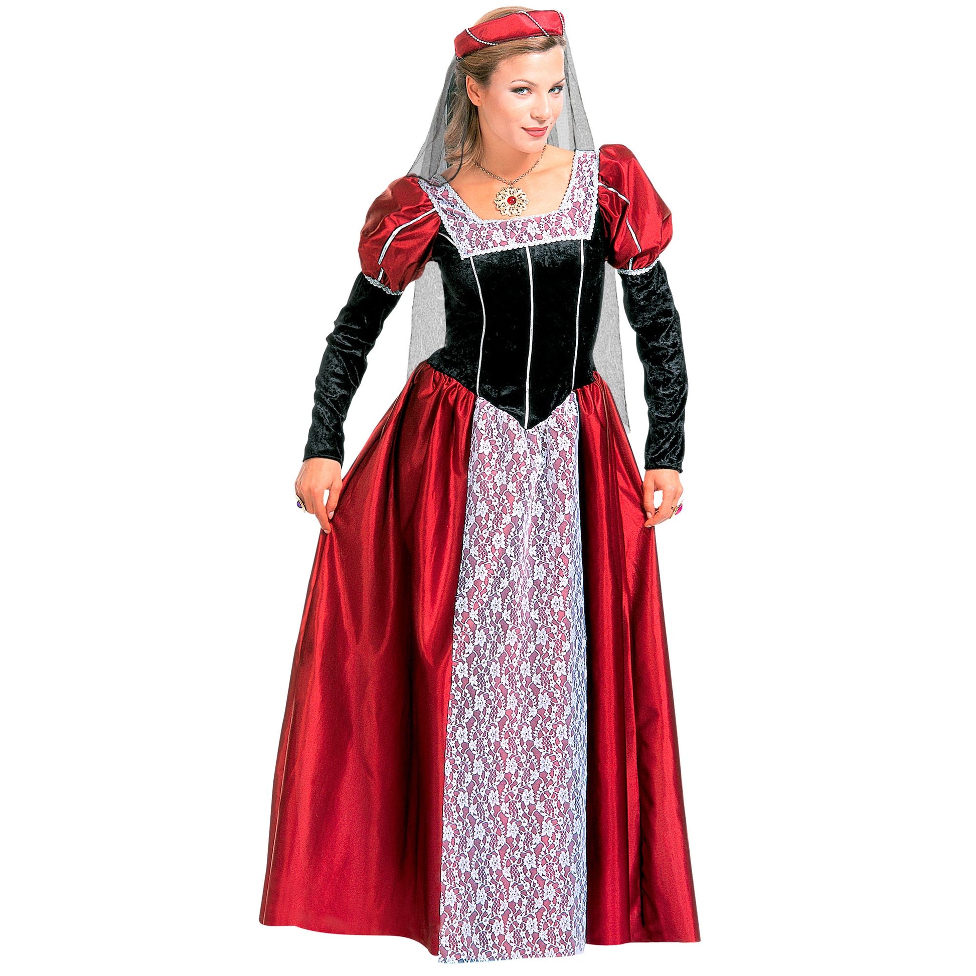 "BURGFRÄULEIN" (Kleid, Kopfbedeckung mit Schleier) – Vorderansicht