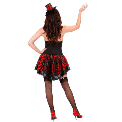 Widmann Damen Burlesque Kostüm rotes schwarzes Satin Kleid mit Strapshaltern – Seitenansicht