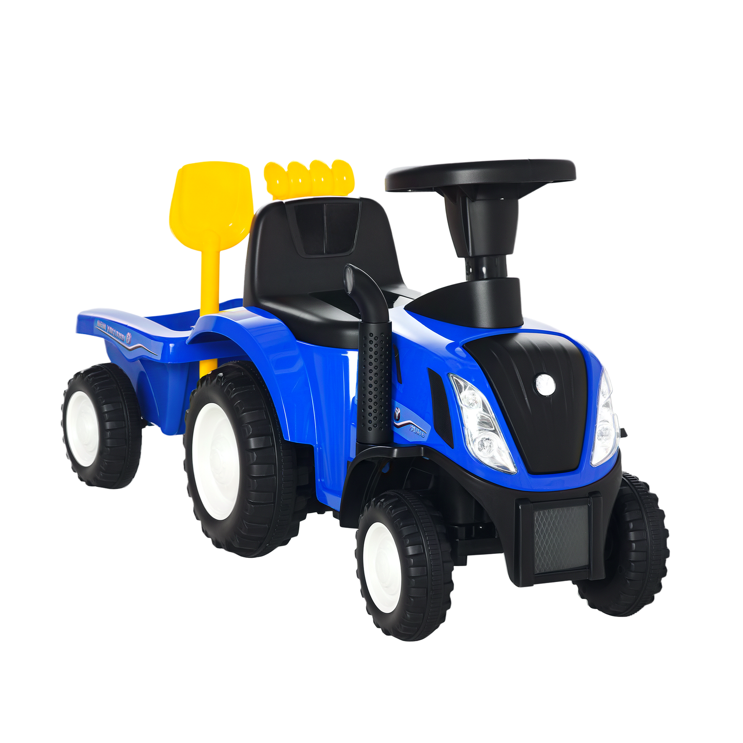 Blauer Rutsch-Traktor aus Kunststoff und Metall mit Anhänger, geeignet für Kinder von 1-3 Jahren.