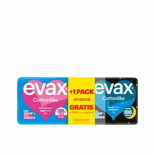 EVAX EVAX Cottonlike Compresas Normal mit Flügeln Tag 32 Stück Nacht mit Flügeln 11 Stück Kosmetik