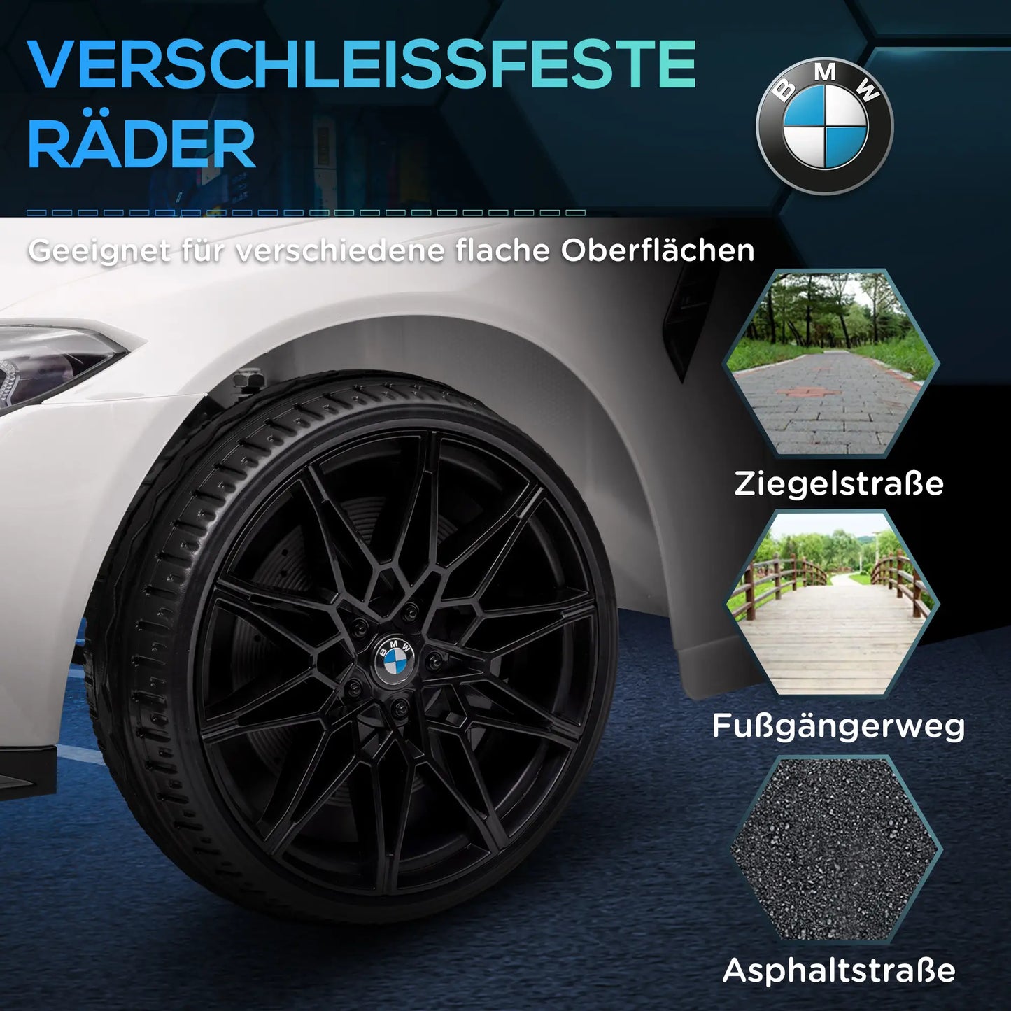 Weißes BMW M4 Elektro Kinderauto mit Fernsteuerung und LED-Scheinwerfern.