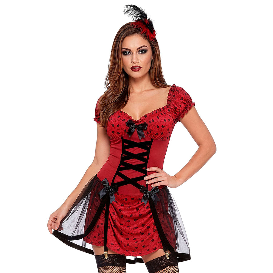 "CABARET GIRL" (Kleid mit Strapse, Haarkamm mit Feder) – Vorderansicht