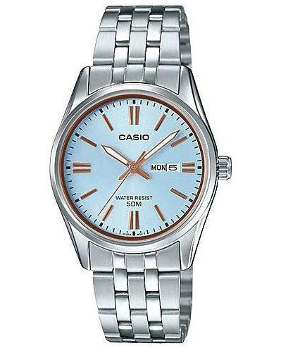 CASIO COLLECTION Mod. LADY DAY & DATE - LIGHT BLUE, BRONZE INDEXES LTP-1335D-2AVDF Day & Date - Armbanduhr 30 mm Blau