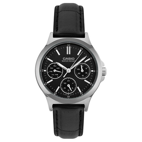 CASIO COLLECTION Mod. LADY MULTIFUNCTION, LEATHER - BLACK LTP-V300L-1AUDF Day - Date - 24H - Armbanduhr 33 mm Schwarz